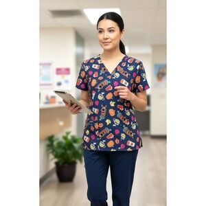 Scooby Doo Autumn Scrub Top, Pumpkin Spice, Fall, Navy Blue, V-Neck, Medium